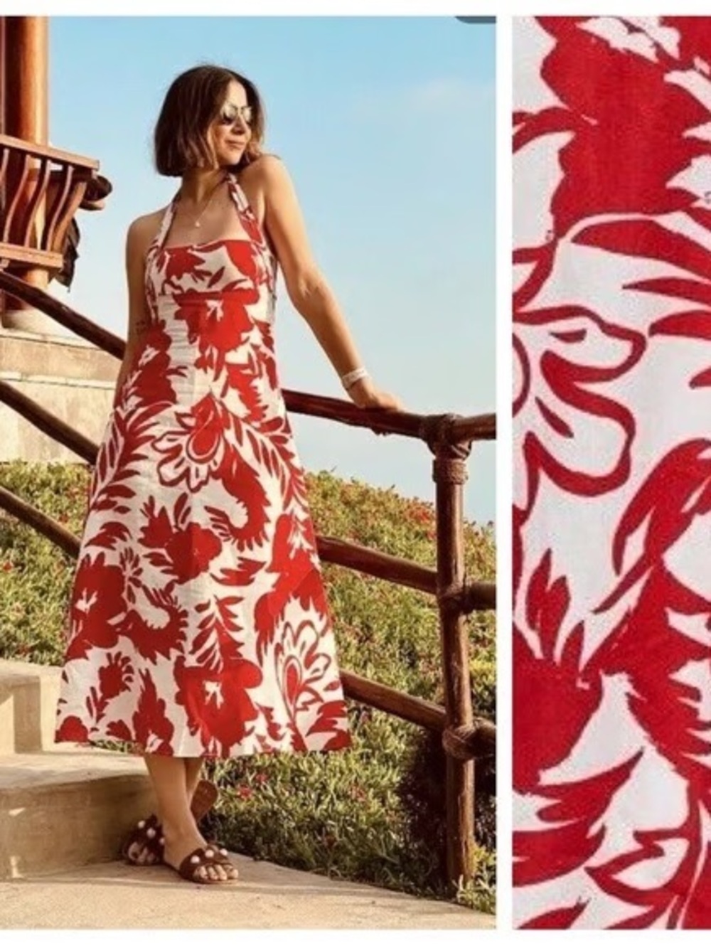 Zara Red & White Halter Floral Midi Dress - Women size large